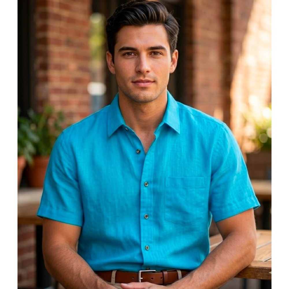 Ramraj Linen Park Mens Pure Linen Smart Fit Short Sleeve Shirt Turquoise Blue 42